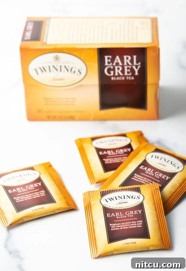 Various bags of Earl Grey tea, showcasing the key ingredient.