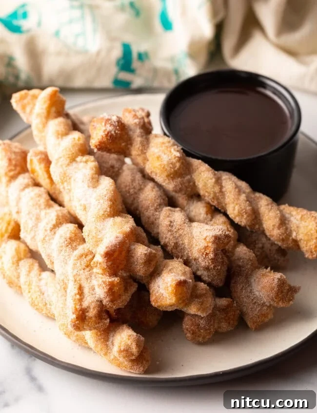 Cinnamon twist recipe stacked, with bowl of chocolate sauce on the side.