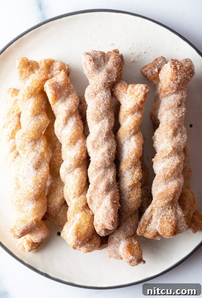 Top view crispy cinnamon twists on a plate.