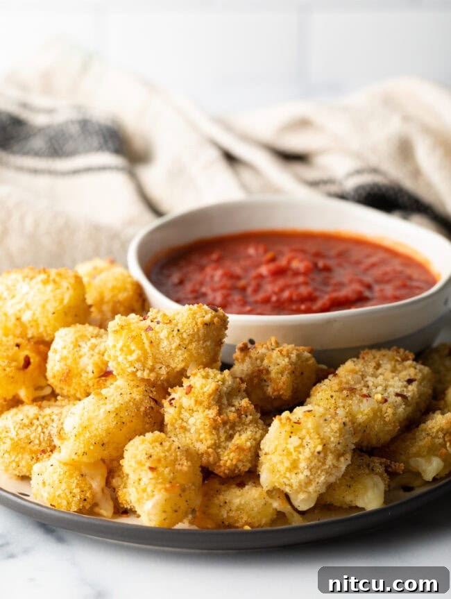 Air fried cheese on a plate with marinara sauce in a bowl.