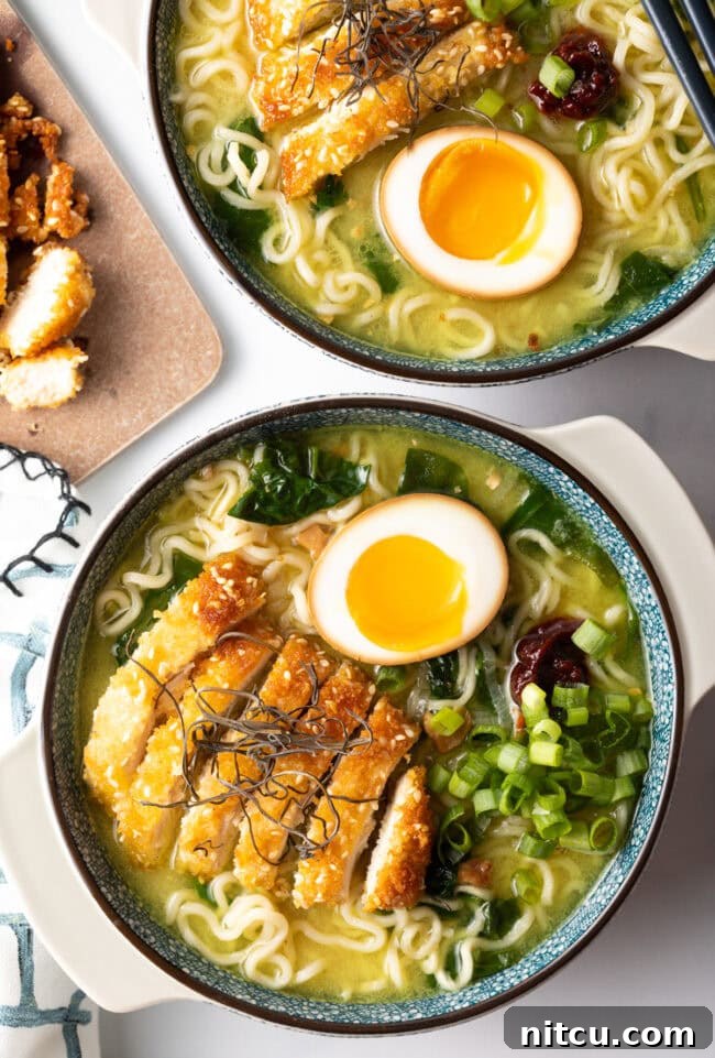 Top down view of Chicken Katsu Ramen in decorative bowls.