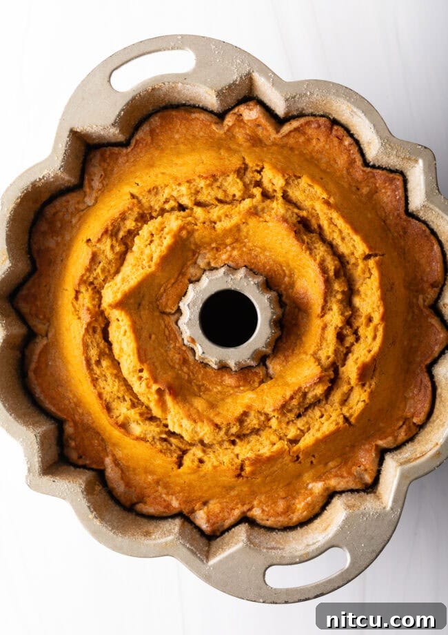 Top-down view of a beautifully finished sweet potato pound cake, baked to golden perfection.