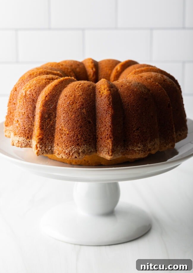 A golden-brown pound cake gracefully cooling on a delicate white cake stand, highlighting its elegant shape.