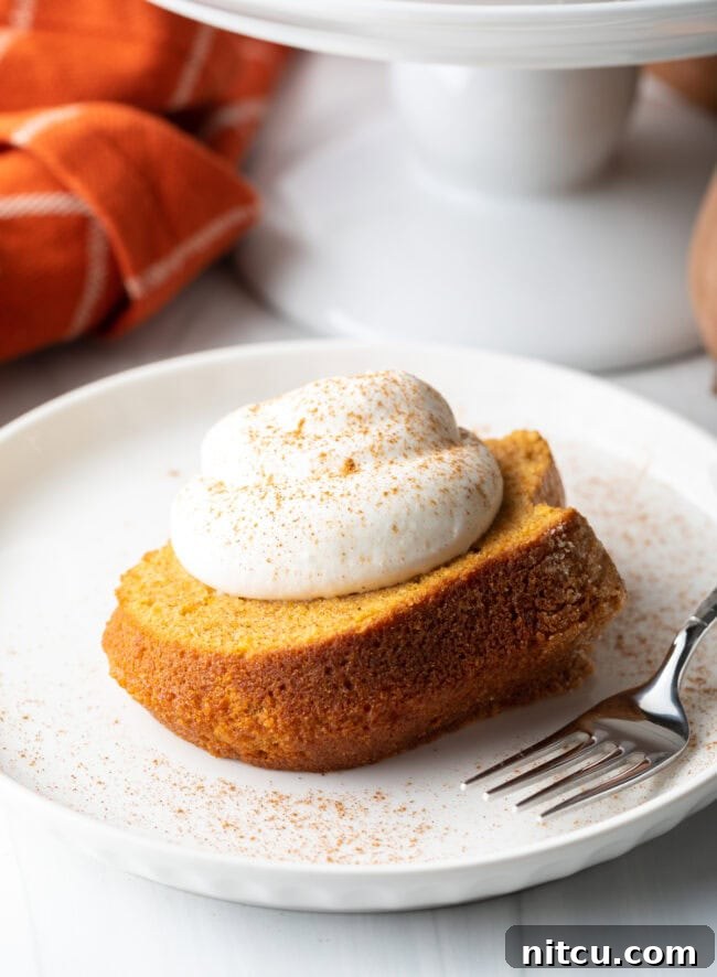 A delicate slice of sweet potato pound cake on a white plate, adorned with a swirl of whipped cream and a hint of cinnamon.