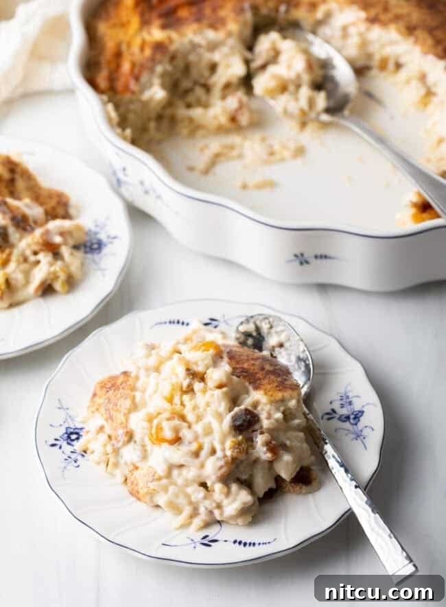 A beautifully baked golden-brown rice pudding, still warm in its casserole dish, emanating comfort.