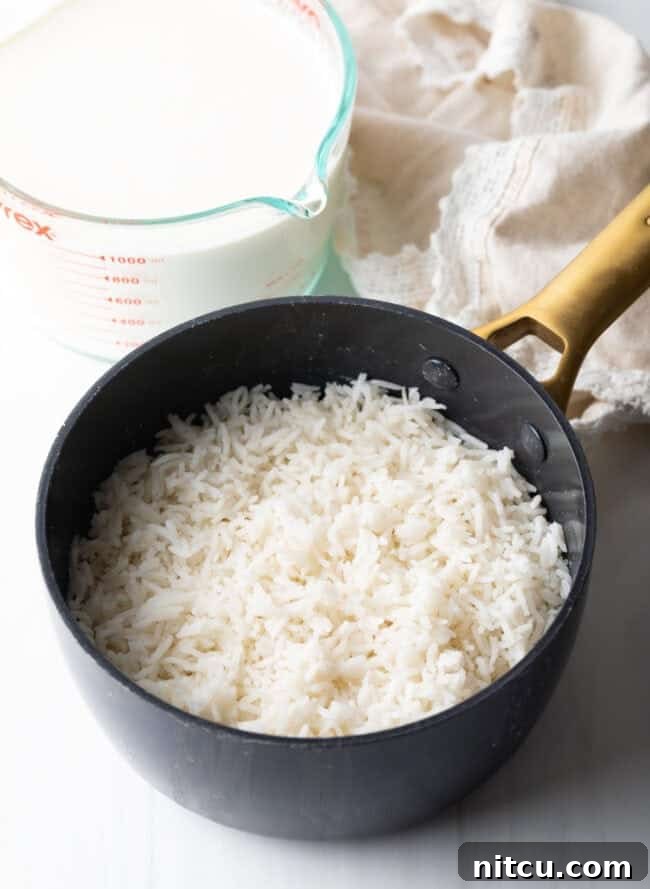 Small saucepan with perfectly cooked white rice, ready to be incorporated into the custard mixture.