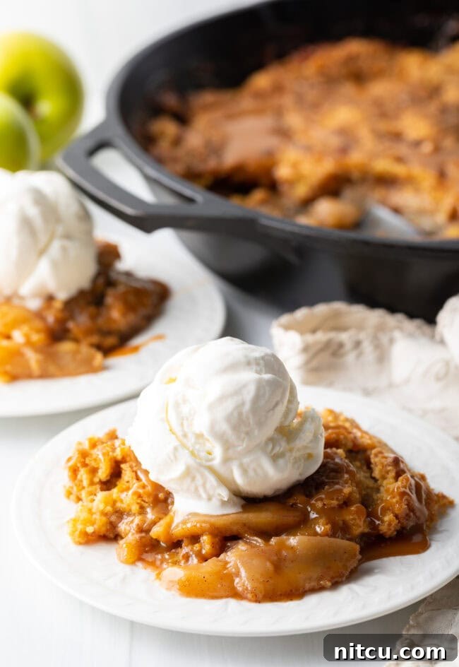 A delectable portion of Caramel Apple Dump Cake artfully presented on a white plate, accompanied by a generous scoop of creamy vanilla ice cream.