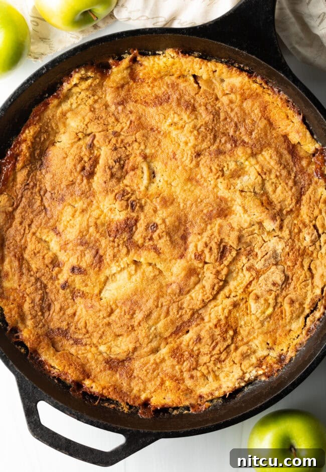 A stunning top-down view of a freshly baked apple caramel dump cake, its golden-brown top glistening with sweet goodness, straight from the oven.