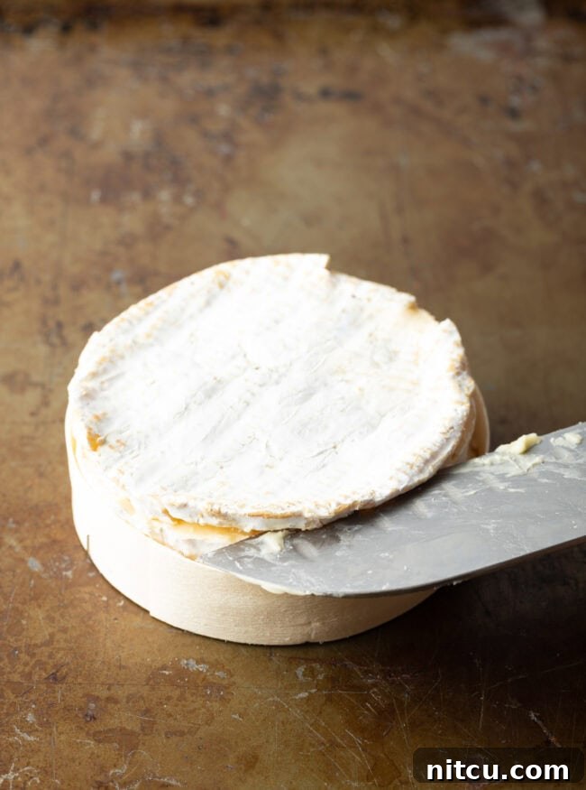 Sharp knife slicing through the top rind of the cheese.