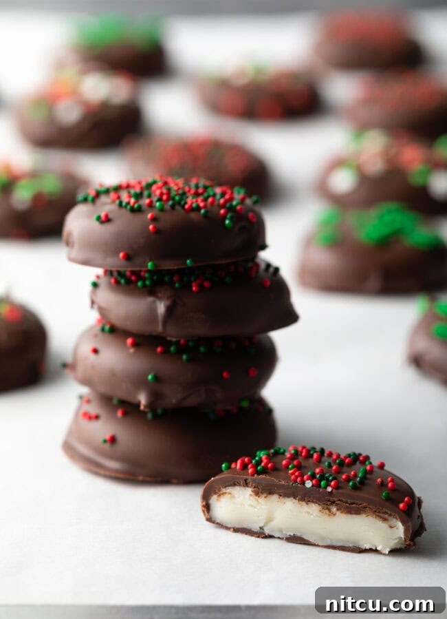 Stack of 4 peppermint patties, with 5 peppermint patty bitten in half to show insides.