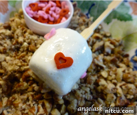 Nutty Marshmallows adorned with heart sprinkles, perfect for a special Valentine's Day treat
