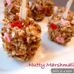 A close-up of a delightful Nutty Marshmallow, coated in nuts and ready to be enjoyed