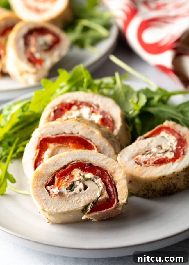 Plated chicken roulade slices with fresh herbs, ready to be served.