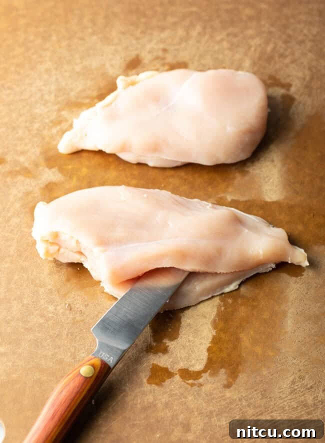 Large knife slicing raw chicken breast in half width-wise, demonstrating the butterflying technique.