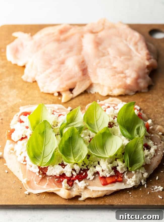 Butterflied chicken breasts split open, topped with prosciutto, red peppers, crumbled goat cheese and fresh baby basil leaves, ready to be rolled.