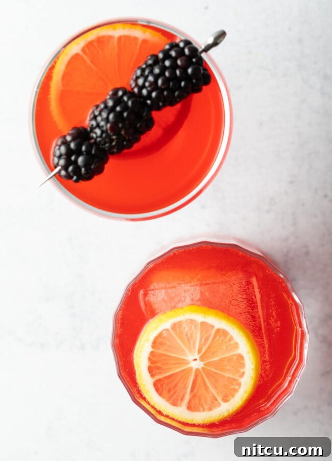 A top-down view of two appealing sloe gin cocktails, one in a martini glass and the other in a highball glass, showcasing their beautiful pink color and inviting presentation.