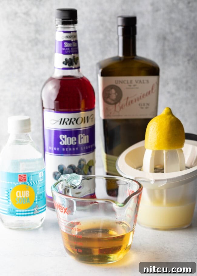 Essential ingredients for a Sloe Gin Fizz laid out: bottles of gin and sloe gin, fresh lemons, a pitcher of simple syrup, and a bottle of club soda, ready for cocktail preparation.
