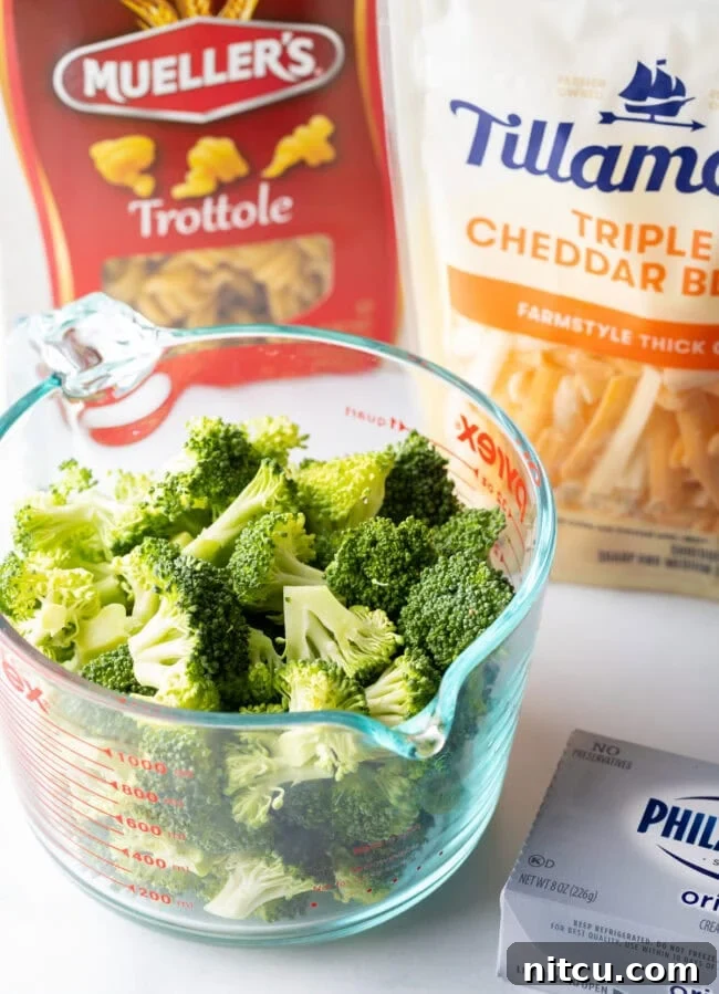 Ingredients you need: Glass measuring jar with chopped florets, bag of shredded cheddar cheese, cream cheese block, and trottole pasta.