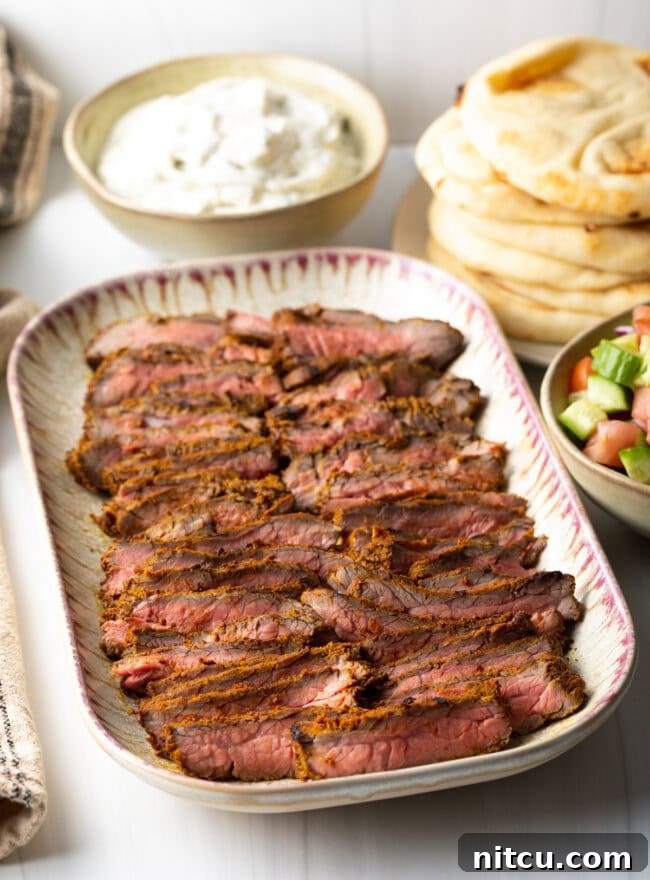 Side view platter with strips of steak shawarma.