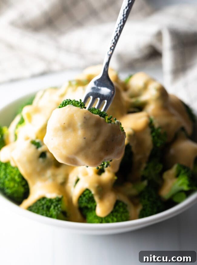 Fork with floret of broccoli coated with cheese sauce, held to camera.