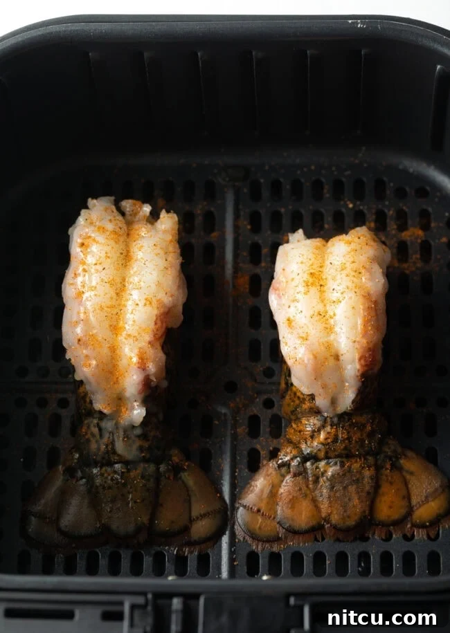 Two raw, butterflied lobster tails positioned neatly in an air fryer basket, ready for cooking.