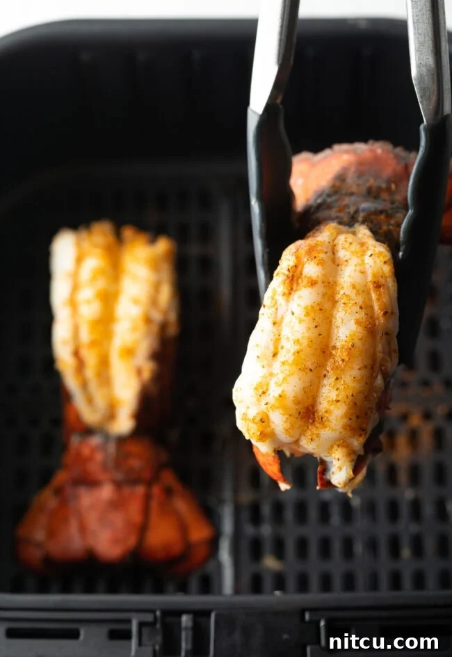 Cooking tongs presenting a beautifully cooked lobster tail to the camera, showcasing its tender texture and appealing color.
