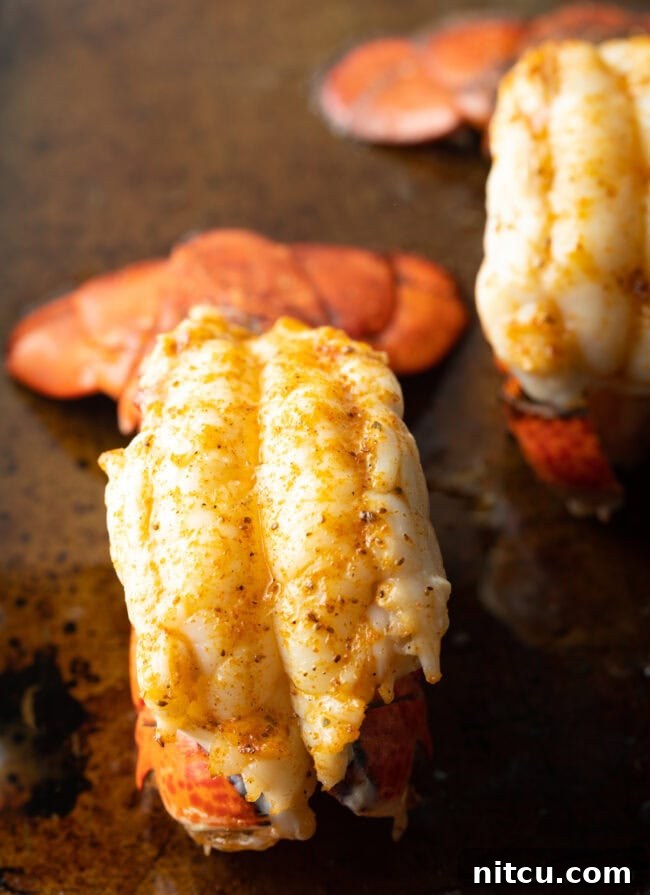 A close-up view of a plump, perfectly cooked lobster tail, glistening on a baking sheet, showcasing its tender texture and appealing color.