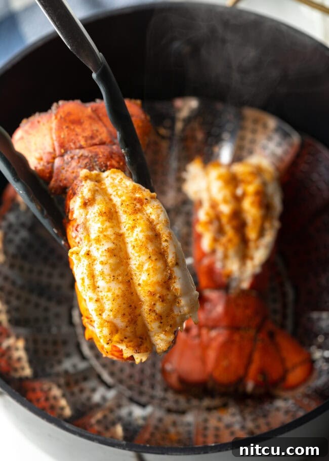 Cooking tongs gently holding up a perfectly cooked lobster tail, showcasing its vibrant red shell and tender white meat.