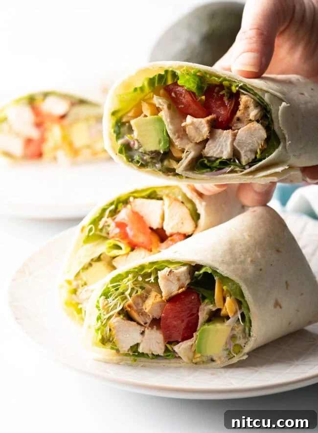 Hand holding chicken wrap to camera.