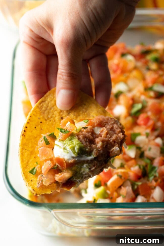 Close view of tortilla with a hand using a tortilla chip to scoop the dip.