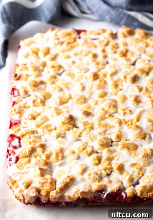 A baked pan of cherry pie bars, showing the bubbly, golden-brown topping and rich red cherry filling peeking through, ready for glazing.