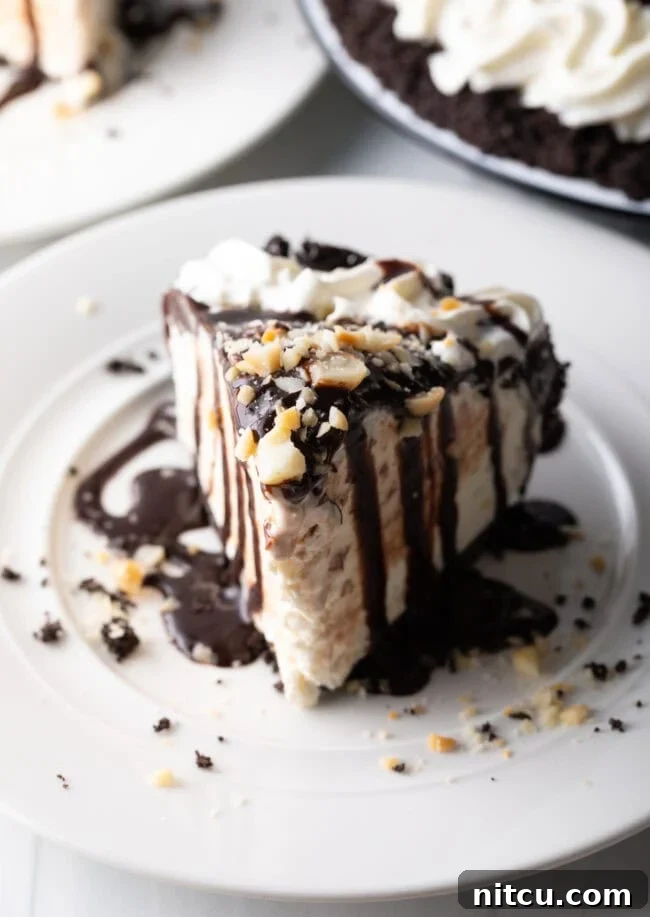 A delectable slice of chocolate Duke's Hula Pie, garnished with whipped cream and macadamia nuts, resting on a white plate.