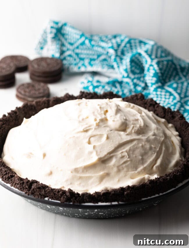 Ice cream smoothed evenly into cookie pie crust, ready for freezing.