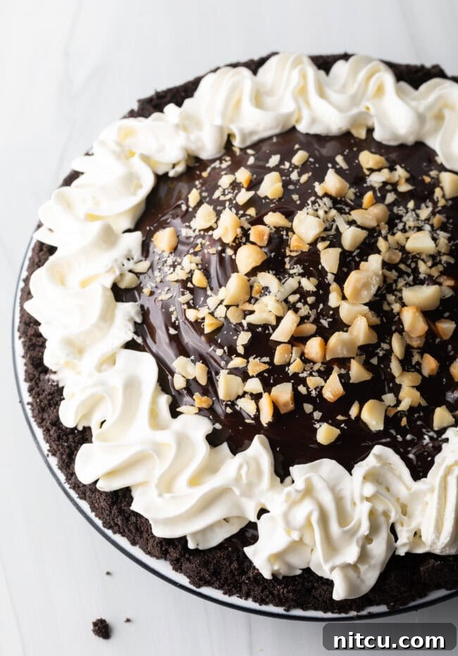 A close-up of the prepared Duke's Hula Pie, with the fudge and macadamia nut topping set and ready for final garnishing.