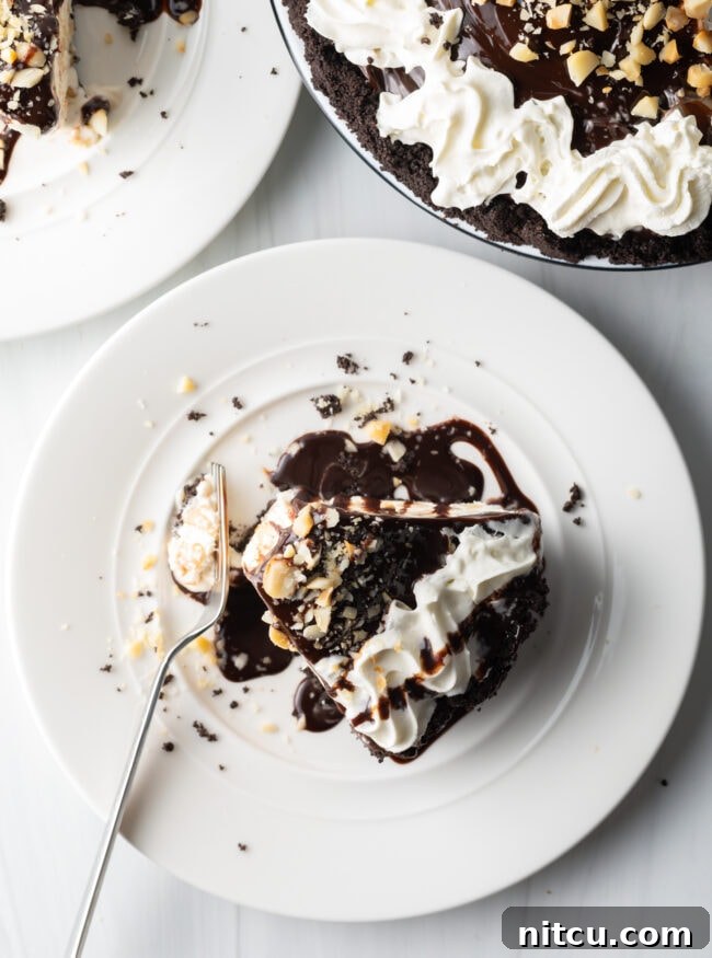 A top-down view of a beautifully presented slice of Duke's Hula Pie on a white plate, highlighting its rich layers.
