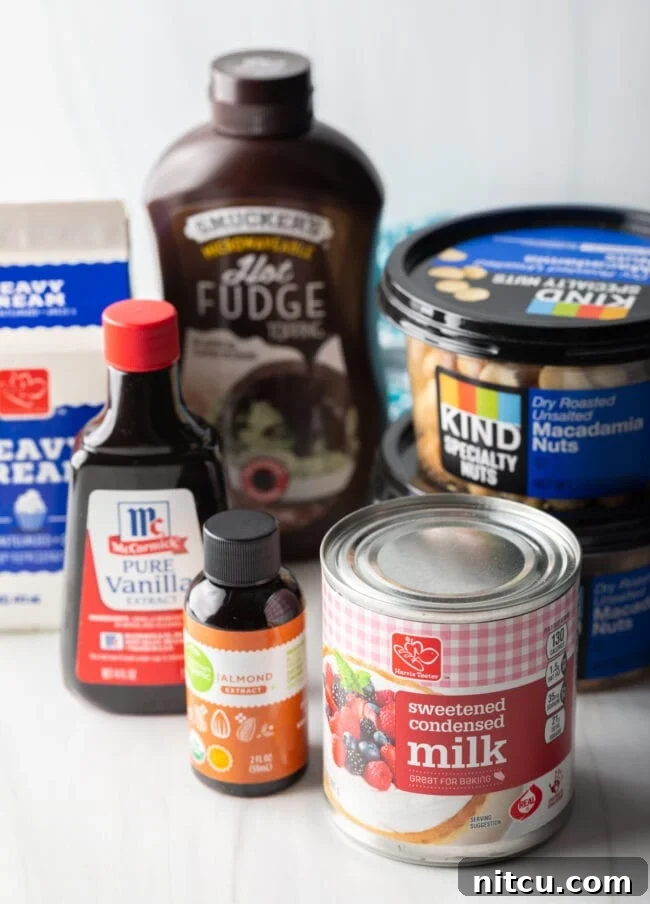 Recipe ingredients: Canned sweetened condensed milk, hot fudge sauce, tubs of macadamia nuts, almond extract, vanilla extract.