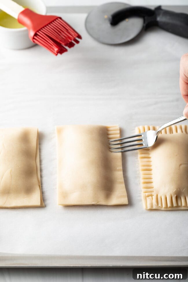 A hand using a fork to carefully crimp and seal the edges of an unbaked peach hand pie, creating a decorative and secure seal.