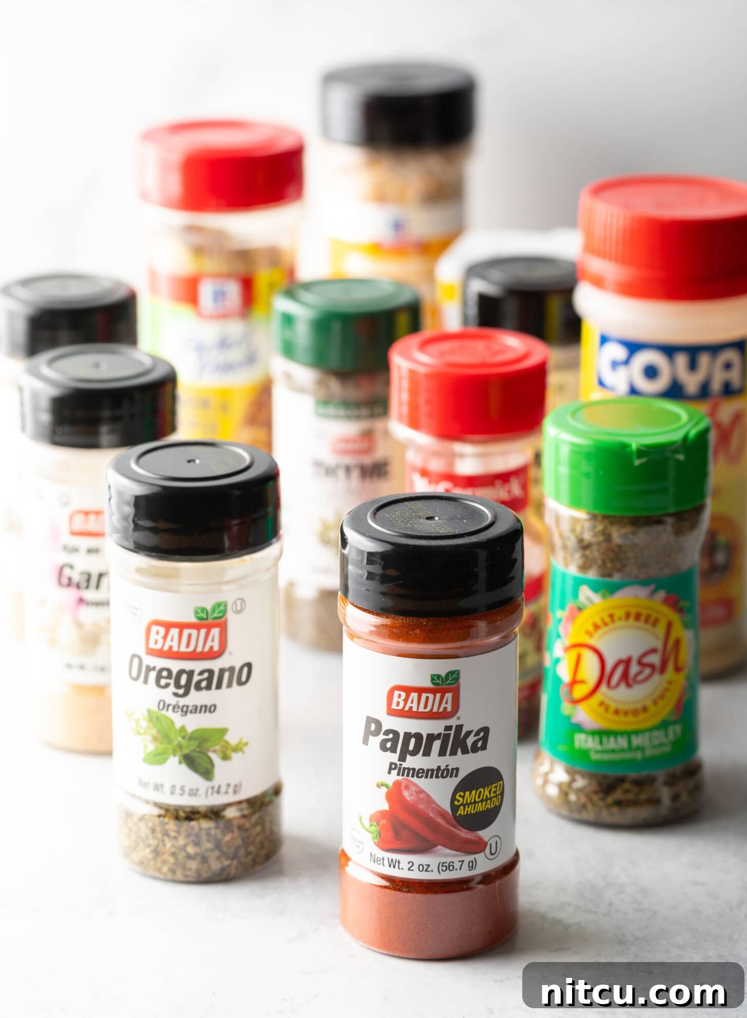 Lineup of bottles of various spices including paprika, dash, oregano, and several more.