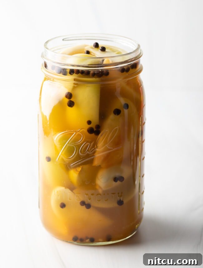 Pickled Green Tomatoes in jar with spices