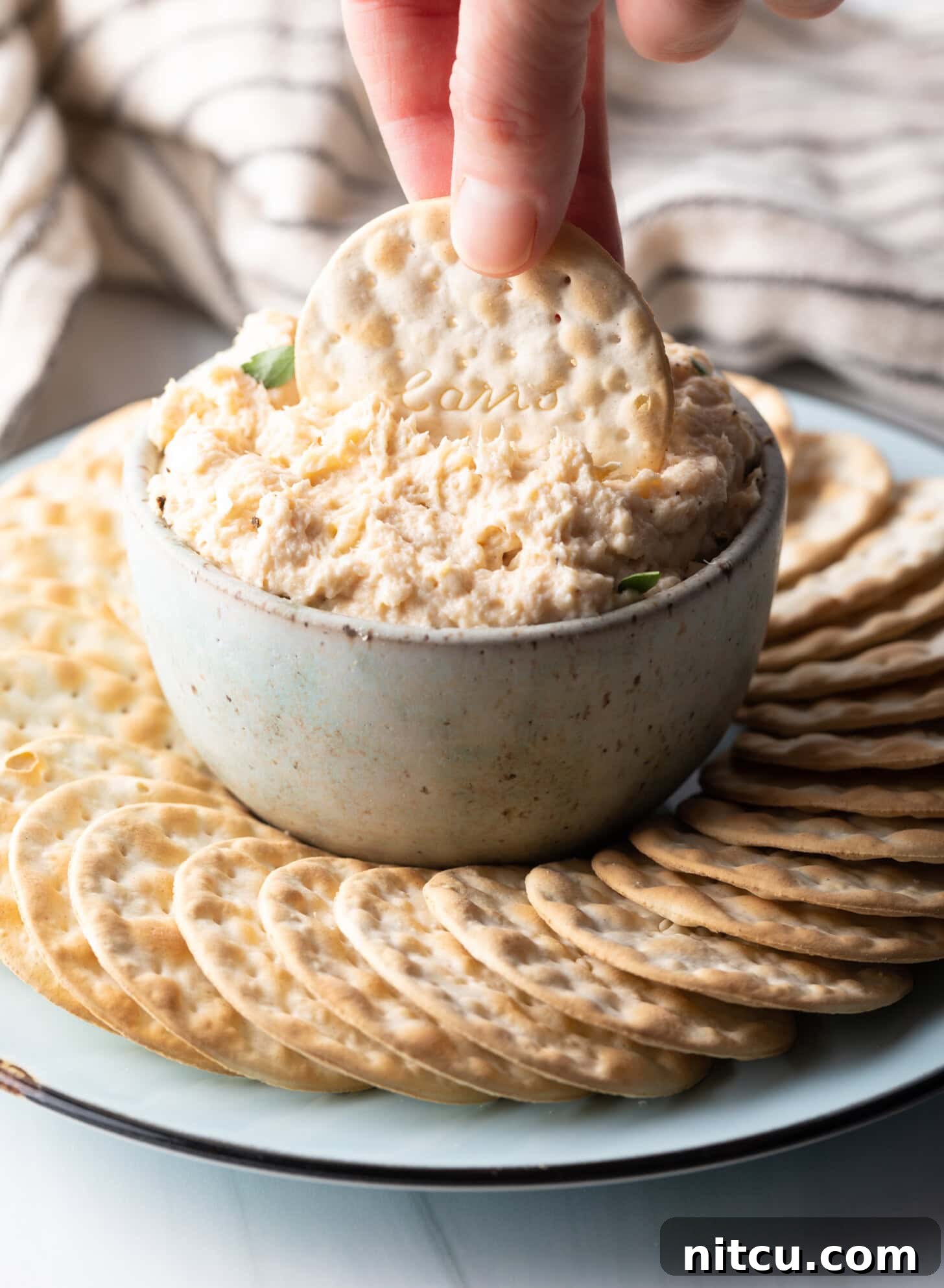 A hand gently dips a circular cracker into a creamy bowl of smoked fish dip, which is elegantly presented on a serving plate surrounded by more crackers, highlighting the dip's rich texture and appeal.