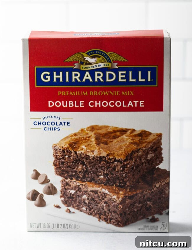 Front of the Ghirardelli double chocolate brownie box.
