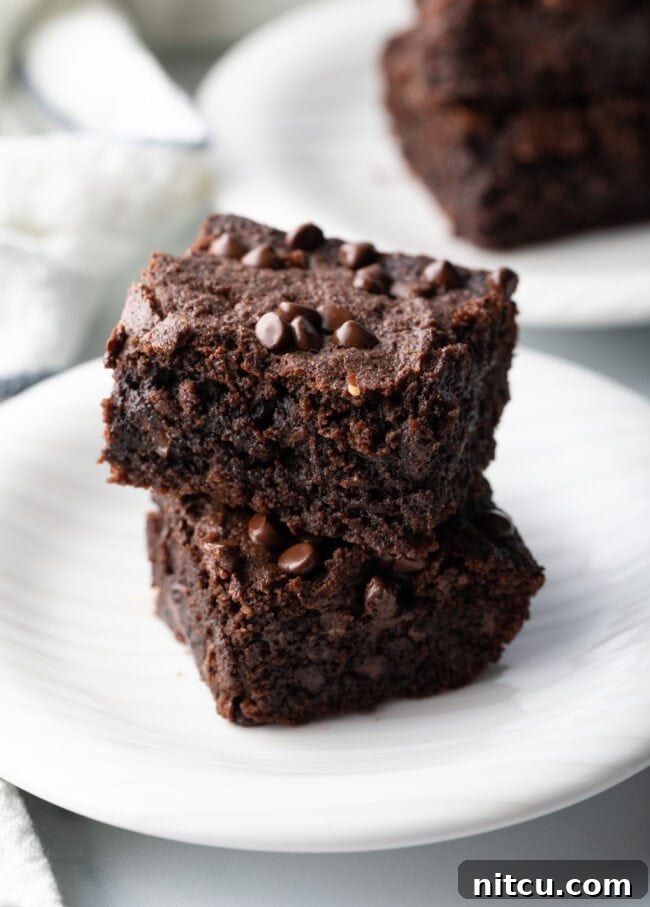 Two protein brownies on a plate, highlighting their rich, dark chocolate color and enticing texture.