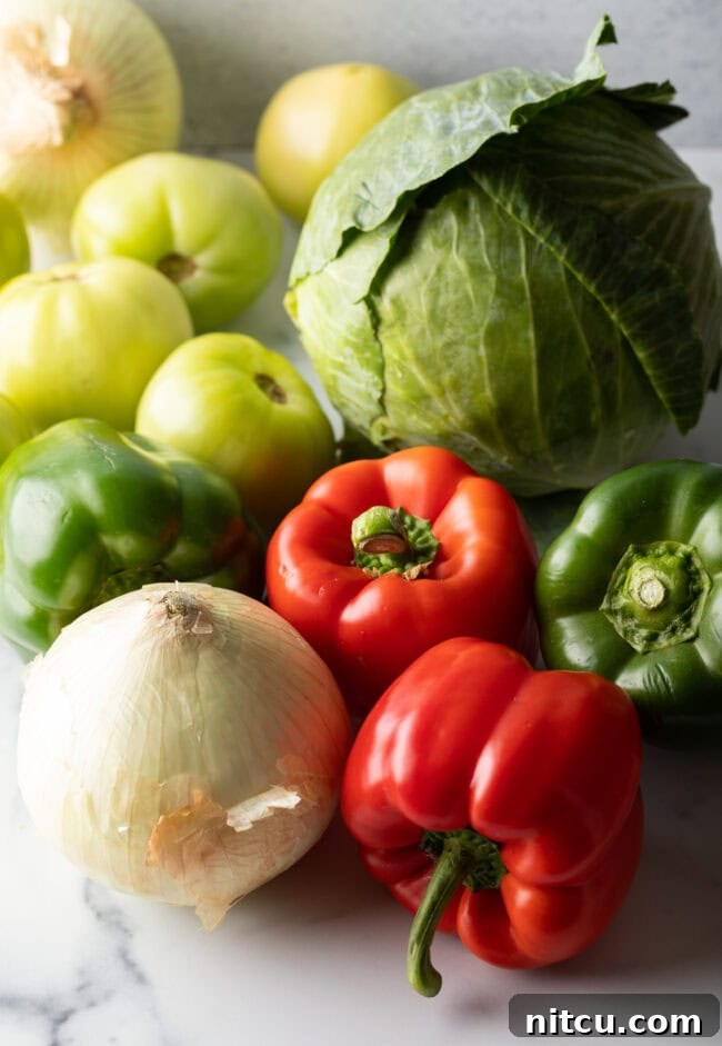 Recipe ingredients: Fresh red bell peppers, green pepper, tomatillos, white onion, and cabbage.