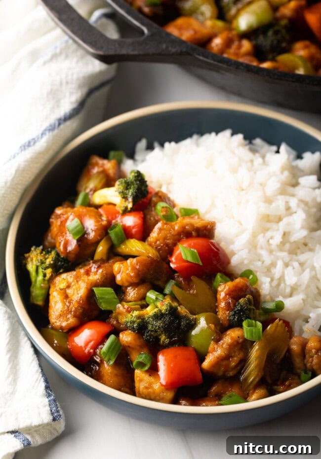 A beautifully presented bowl, half-filled with vibrant Hunan Chicken stir-fry and half with fluffy white rice, ready to be enjoyed.