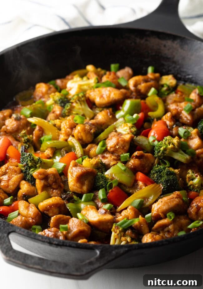 A vibrant and delicious chicken and vegetable stir-fry, rich with Hunan sauce, is presented in a cast iron skillet, ready to be served.