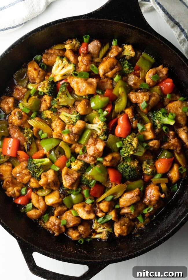 A close-up view of the delicious chicken and vegetable stir-fry, glistening with Hunan sauce in a cast iron skillet, highlighting its rich textures and colors.