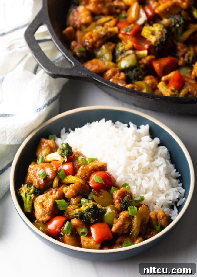 A generous bowl of Hunan Chicken stir-fry and white rice, perfectly portioned and ready for a satisfying meal.