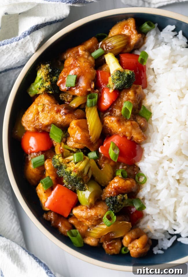 An inviting top-down view of a bowl presenting a perfect half-and-half split of vibrant Hunan Chicken stir-fry and pristine white rice, signaling a complete and delicious meal.