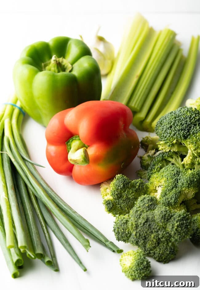 A vibrant collection of fresh stir-fry ingredients including whole green bell pepper, red bell pepper, crisp scallions, tender celery, and healthy broccoli florets, perfectly prepped for cooking.