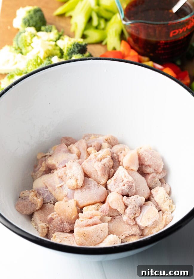 Raw, neatly chopped boneless chicken thigh pieces are coated with seasonings in a clean white mixing bowl, ready for cooking.